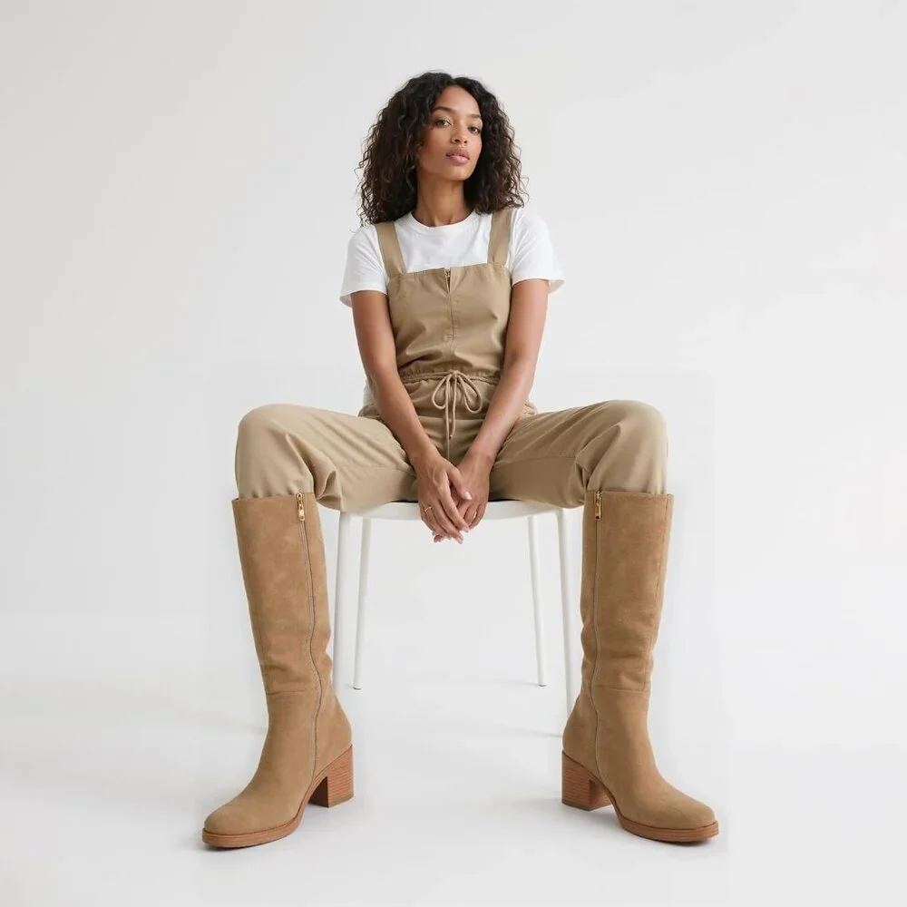 Women's Suede Camel Chunky Heel Round Zipper Winter Dress Tall Knee High Boots